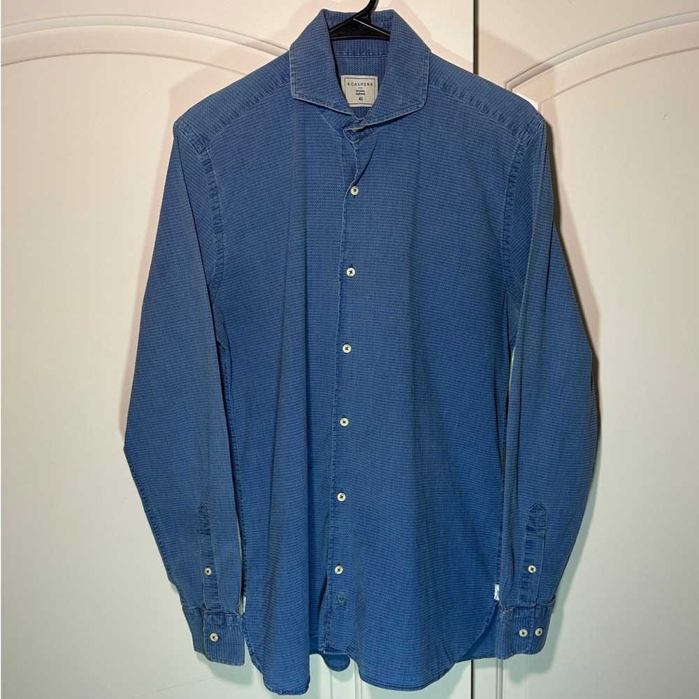 Scalpers Mens Button Down Long Sleeve Blue Denim‎ Chambray Dot Textured Shirt 40
